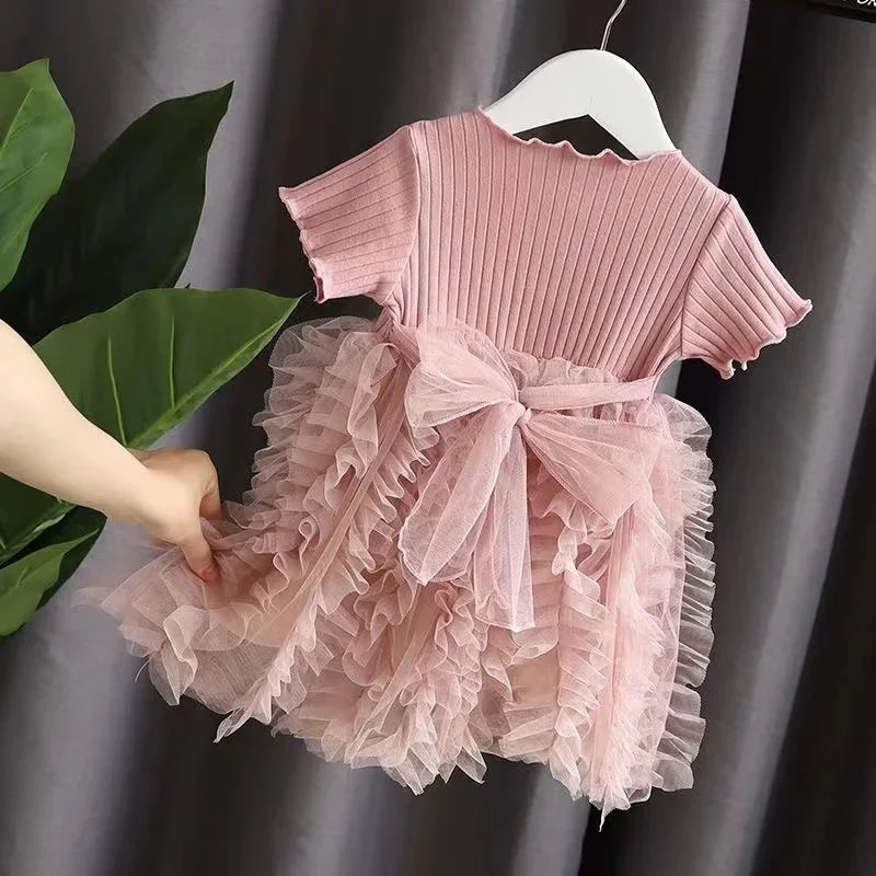 1-5 Years Kid Girl Party Dress Summer Solid Short Sleeve Lace Ribbed Mesh Dress Birthday&Wedding Party Clothing for little Girls