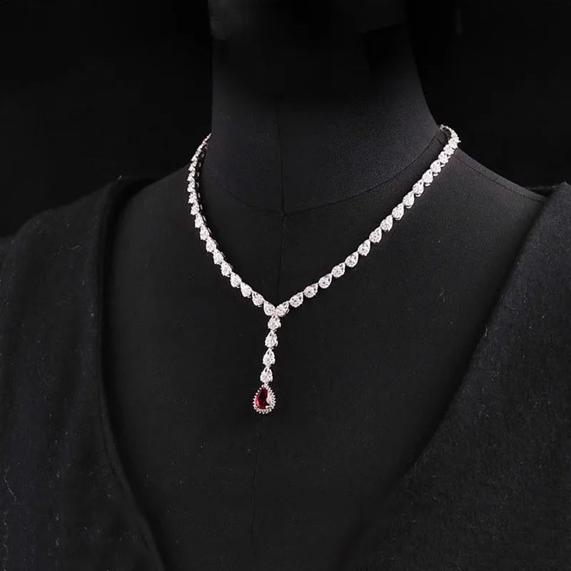 Luxury Evening Dress Accessories Pigeon Blood Red Ruby Tassel Necklaces Bracelet Earrings Rings 4-Piece Jewelry Sets For Women