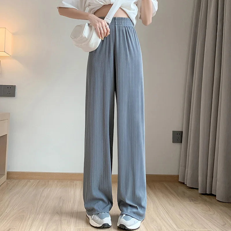 Korea Dongdaemun Ice Silk Wide-leg Pants Women's Thin Slimming Floor Pants White Striped Pants Y2K Fashion Pants Baggy (Available)