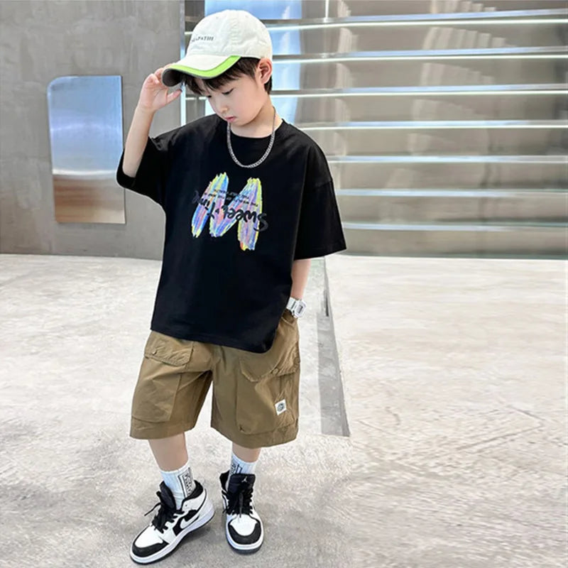 Clothing Sets Big Children Short-sleeved Top+Shorts Suits Teenager T-shirt Loose Sports 2Pcs Outfits