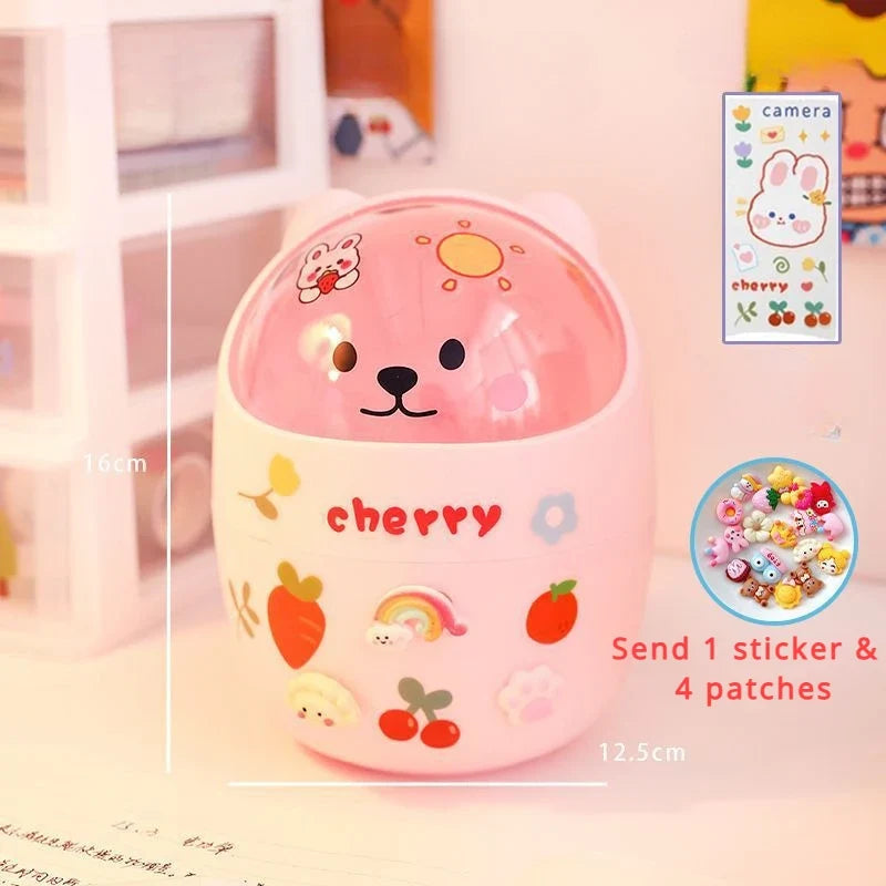 Mini Desktop Trash Can Organizer Cute Bear Multifunction Creative Cosmetic Bucket with Lid Pen Holder Kawaii Stickers Patchers