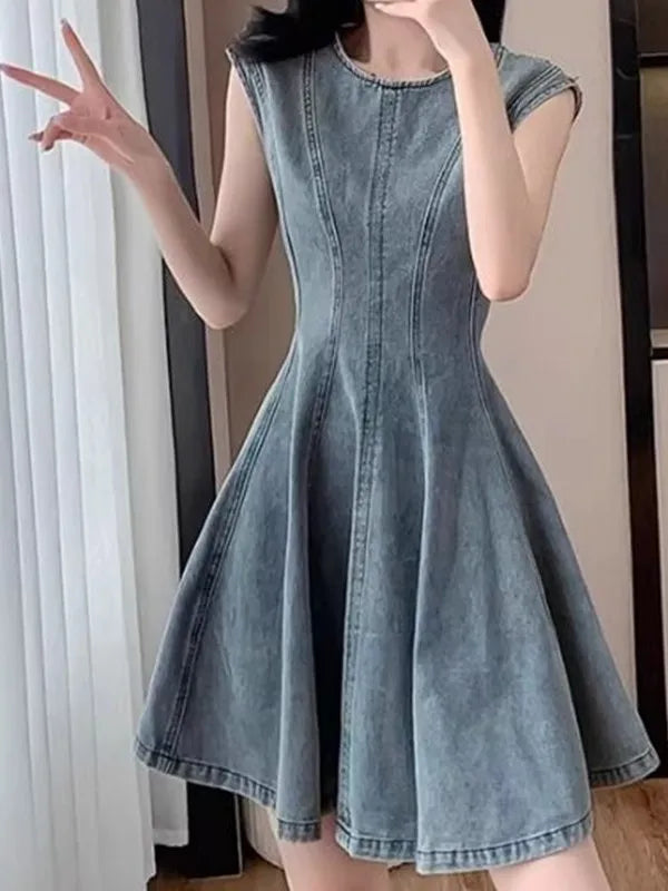 Summer New Retro Blue Denim Dr Slimming High Waist round Ne Svel A-Line Skirt Korean Sle Women's Faion Dr