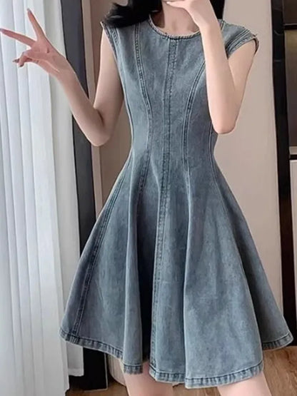 Summer New Retro Blue Denim Dr Slimming High Waist round Ne Svel A-Line Skirt Korean Sle Women's Faion Dr