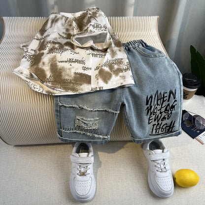 Korean Children's Summer Clothes Kids Set Outfits Boys 2025 Handsome Sleeveless&Short Sleeved T-shirt Denim Shorts 2-piece Set
