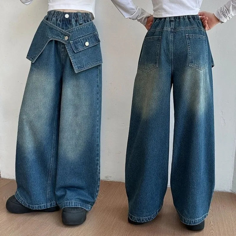 Autumn Trendy Korean Style Flared Jeans for Girls - Medium & Large Kids, Ruffled Long Pants for Junior High Students