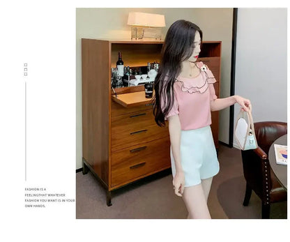 Sweet Slash Neck Off Shoulder Ruffles Blouses Female Clothing 2025 Summer New Loose Solid Color Korean Tops Puff Sleeve Shirts