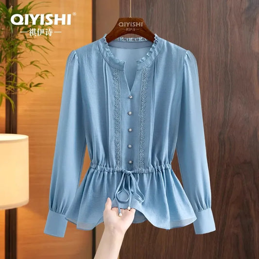 Elegant French Style V-Neck High End Blue Long Sleeve Blouse 2025 Fall New Belt Lace-up Fashion Slim Cinched Waist Tops Shirts