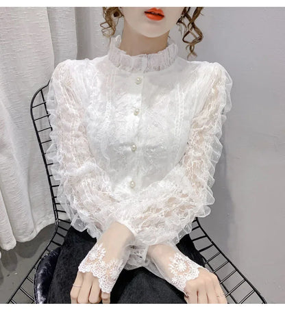 Blouse Women Shirt Lace Long Sleeve Women's Clothing Spring Lantern Sleeve Stand Collar Cardigan Top Blusas Mujer De Moda