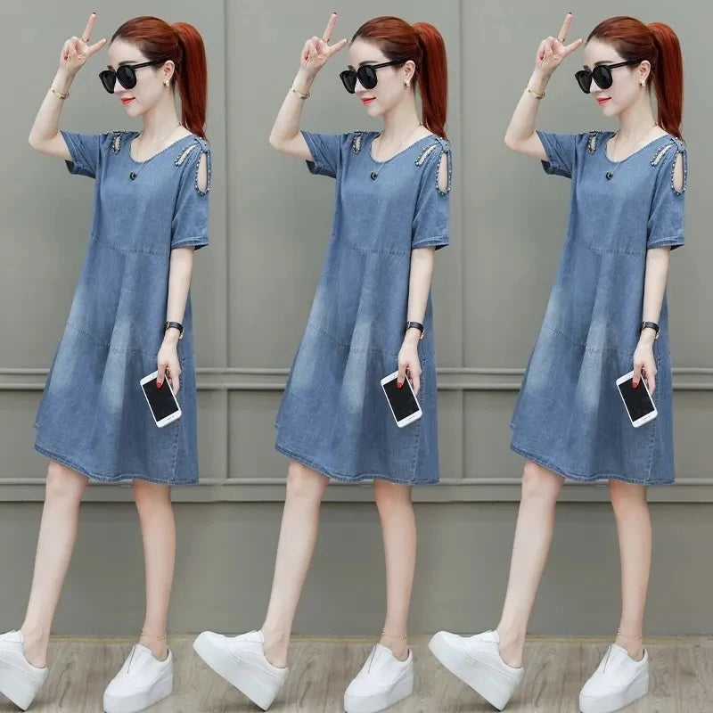 Short sleeved Denim Dress Summer Women's 2024 New College style Fashion Student Loose Dress With pockets Casual Clothing