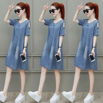 Short sleeved Denim Dress Summer Women's 2024 New College style Fashion Student Loose Dress With pockets Casual Clothing
