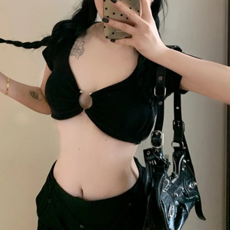 Xingqing y2k Crop Tops Women Summer Clothes Sexy Solid Color Metal Ring Short Sleeve Padded T Shirts 2000s Clothing Streetwear
