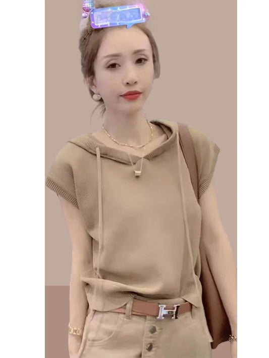 Hooded Knitted Ice Silk ort Sve T-irt Casual Versatile Retro Women's Summer Faion Top Breathable Comfortable round Ne