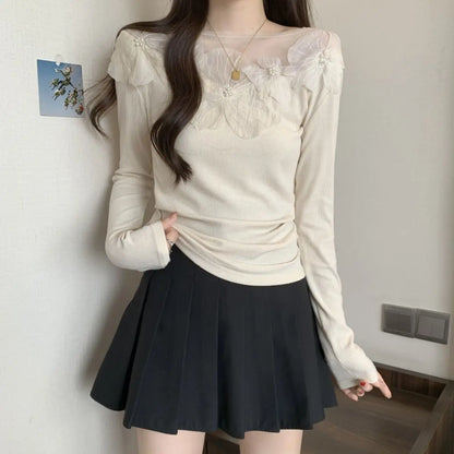 Sexy Patchwork Slim T Shirts Spring Autumn New Long Sleeve Off Shoulder Solid Temperament Tops High Street Fashion Women Clothes