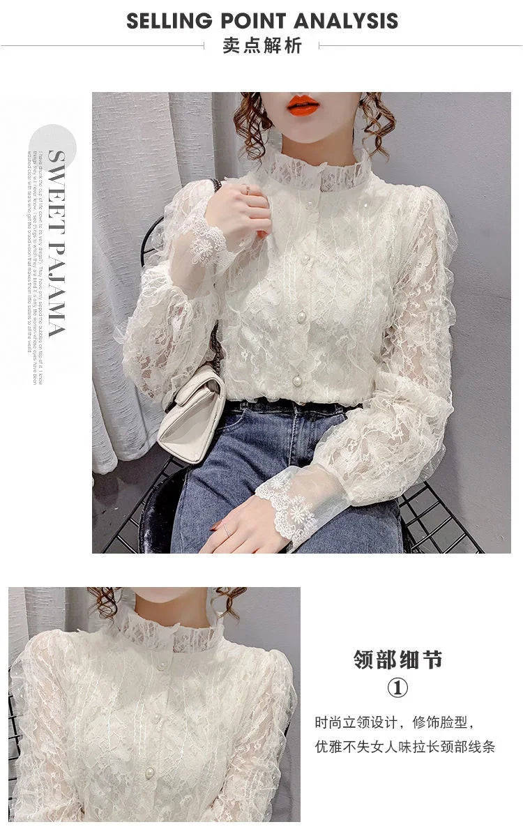 Blouse Women Shirt Lace Long Sleeve Women's Clothing Spring Lantern Sleeve Stand Collar Cardigan Top Blusas Mujer De Moda