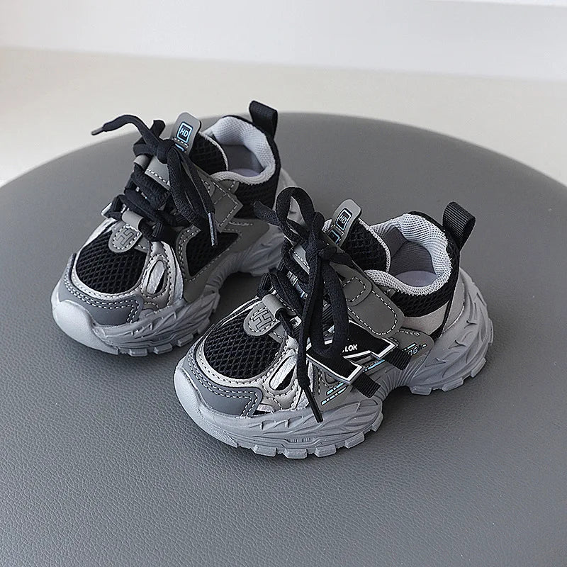 Children Sport Shoes Spring Autumn Kids Sneakers Soft Breathable Mesh Shoes Boys Girls Lace-up Running Shoes Gray, Black