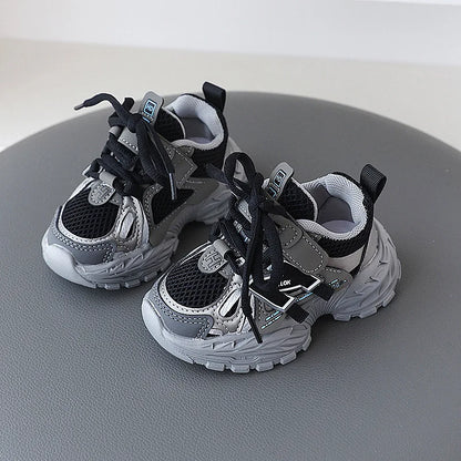 Children Sport Shoes Spring Autumn Kids Sneakers Soft Breathable Mesh Shoes Boys Girls Lace-up Running Shoes Gray, Black