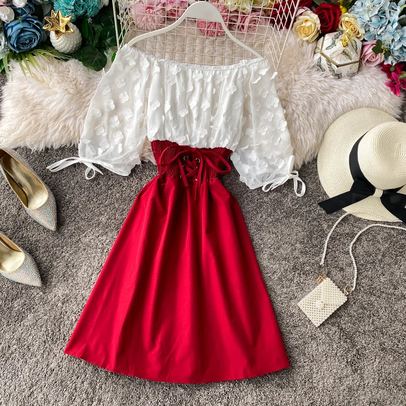 Summer Women's Dress Sexy Off Shoulder Patchwork Party Flower Chiffon Waist Lace Up Beach Short Dresses