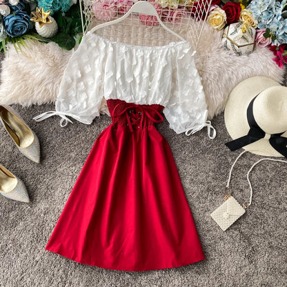 Summer Women's Dress Sexy Off Shoulder Patchwork Party Flower Chiffon Waist Lace Up Beach Short Dresses