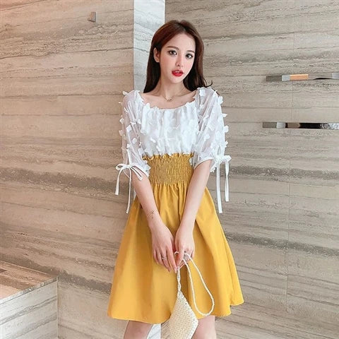 Women Summer French Style Elastic Waist Dress Korean Edition New Splicing Design Slim Half Sleeve Fairy Knee-length Dresses