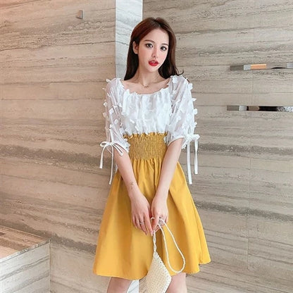 Women Summer French Style Elastic Waist Dress Korean Edition New Splicing Design Slim Half Sleeve Fairy Knee-length Dresses