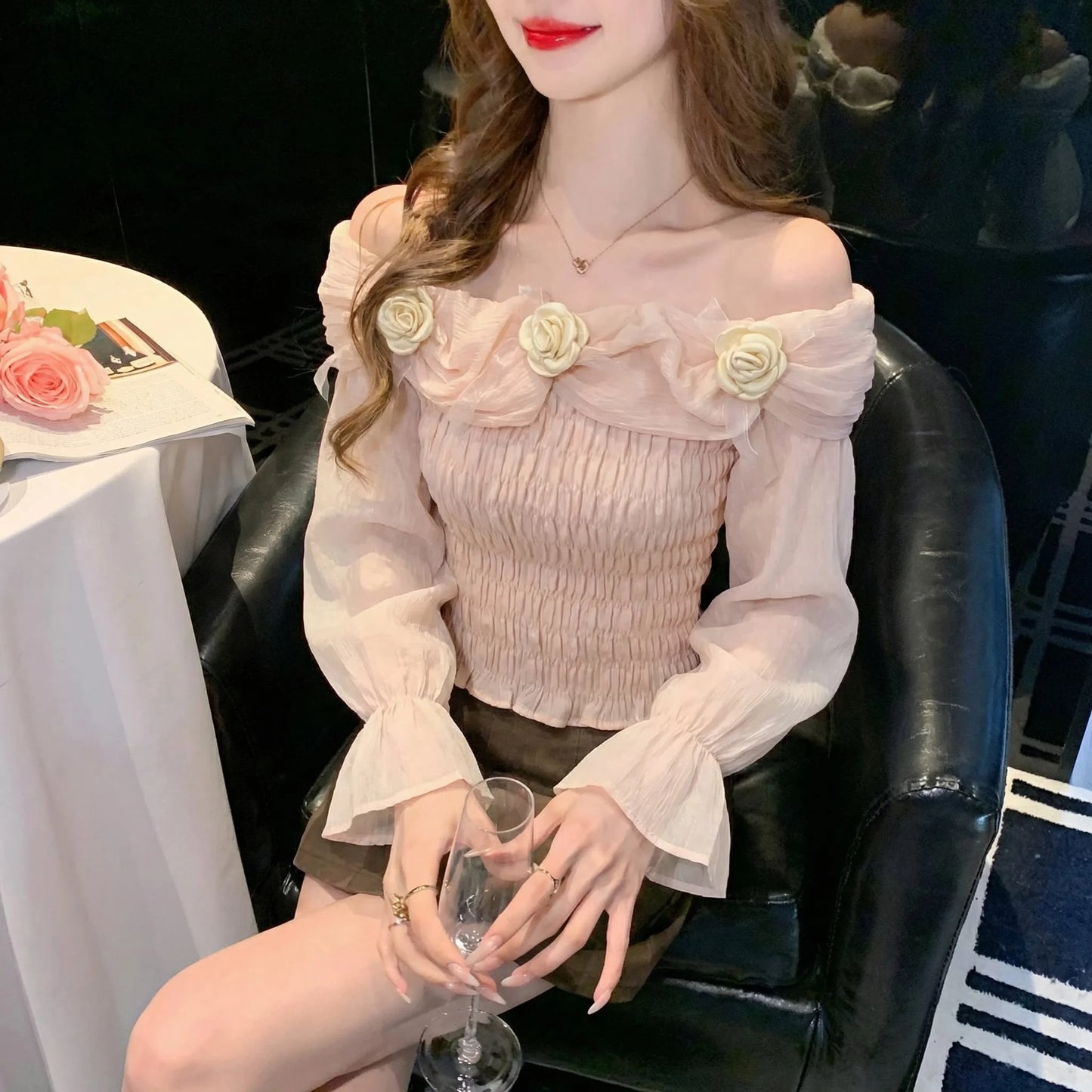 Sweet oulder One-oulder 3D Flower Bell Sve Women's irt Spring New Sle Waist Cinching Beautiful Top Ci Walk ort...
