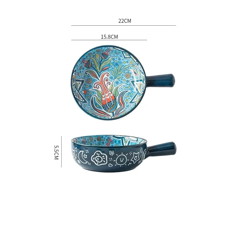 Single Handle Ceramic Noodle Bowl, Bohemian Design, Large Bowl, Creative Restaurant, Household Salad, Dessert Bowl, Home Decorat