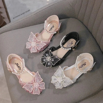 Large Crystal Bow Tie Kids Shoes for Girl Princess Beading Mary Jane Shoes Bling Prom Children  Girls Designer Shoes