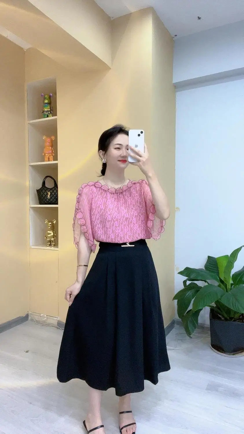 Elegant O-Neck Printed Folds Ruffles Flare Sleeve Blouses Women's Clothing 2024 Summer New Loose Korean Tops Office Lady Shirts