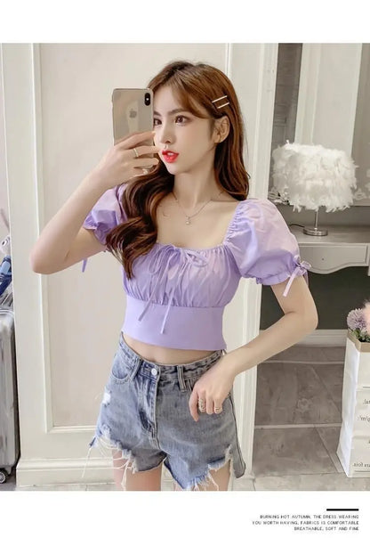 New Women's One-shoulder Lace-up Short Sleeve Waist-hugging Top