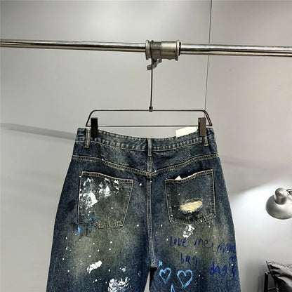 High End Men'S Clothing Hip Hop Graffiti Baggy Jeans For Men Streetwear Skateboard Ripped Jeans Korean Trendy Denim Trousers  ( Available )