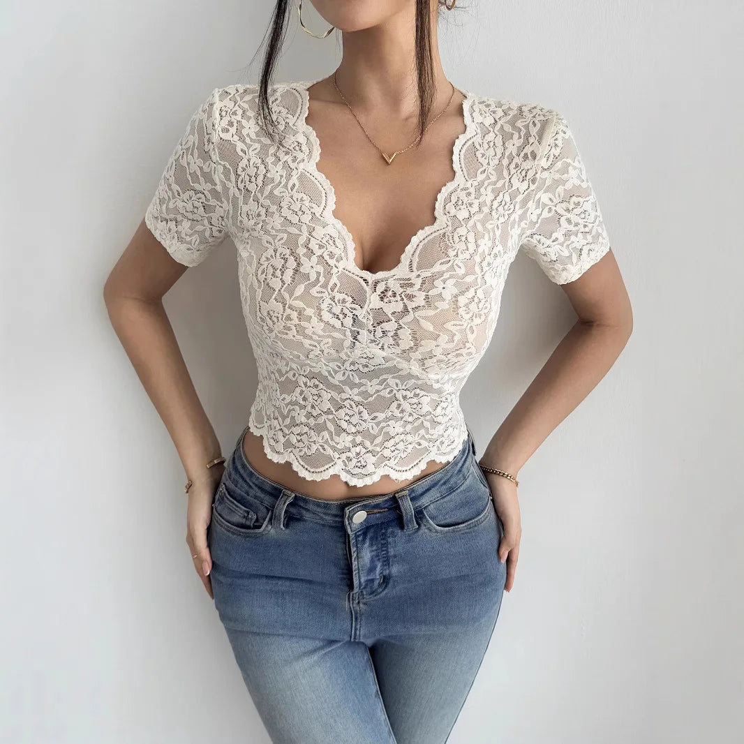 2026 Summer New Sexy Lace V-neck T-shirt Women's Slim and Thin Short Spice Girl Top