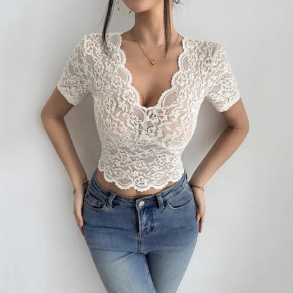 2026 Summer New Sexy Lace V-neck T-shirt Women's Slim and Thin Short Spice Girl Top