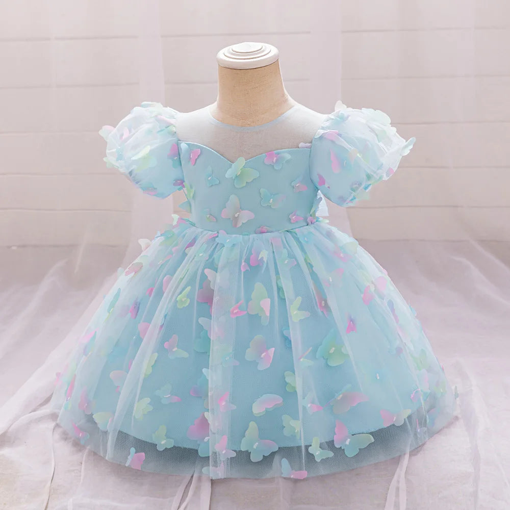 Toddler Girl Party Dress Colorful Gradient 3D Butterfly Prom Gown Girl Bow Lace Birthday Wedding Princess Summer Dresses Evening