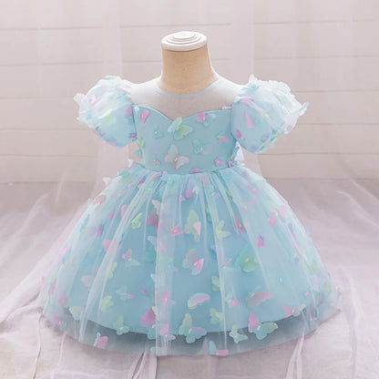 Toddler Girl Party Dress Colorful Gradient 3D Butterfly Prom Gown Girl Bow Lace Birthday Wedding Princess Summer Dresses Evening