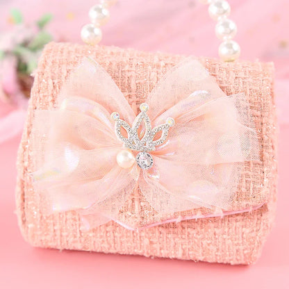 Pink Princess Crown Colorful Bow Children's Bag Fashion Hand-held Pearl Diagonal Girl Cross Body Shoulder Messenger Bags Purse