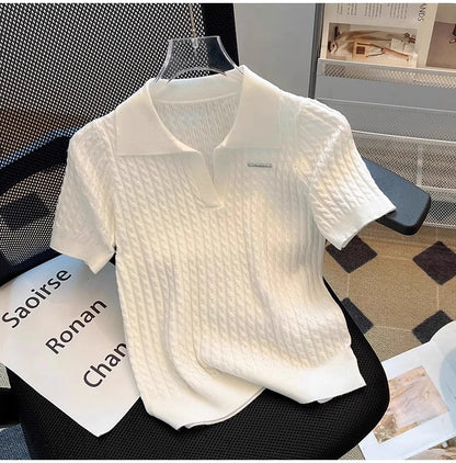White  irt ort Sve Knitted Top Women's oulder Straight Summer T-irt Commute Sle Korean Version Straight Tube