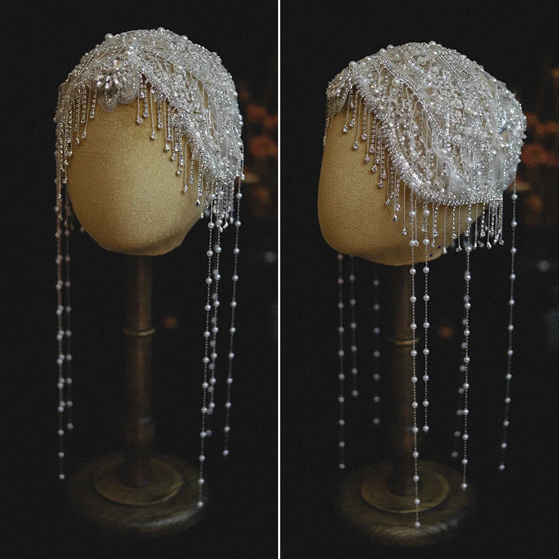 Fashion Exquisite Rhinestone Beaded Fringed Hat Yarn Bridal Wedding Personalized Retro Dress Wedding Photo Styling Jewelry