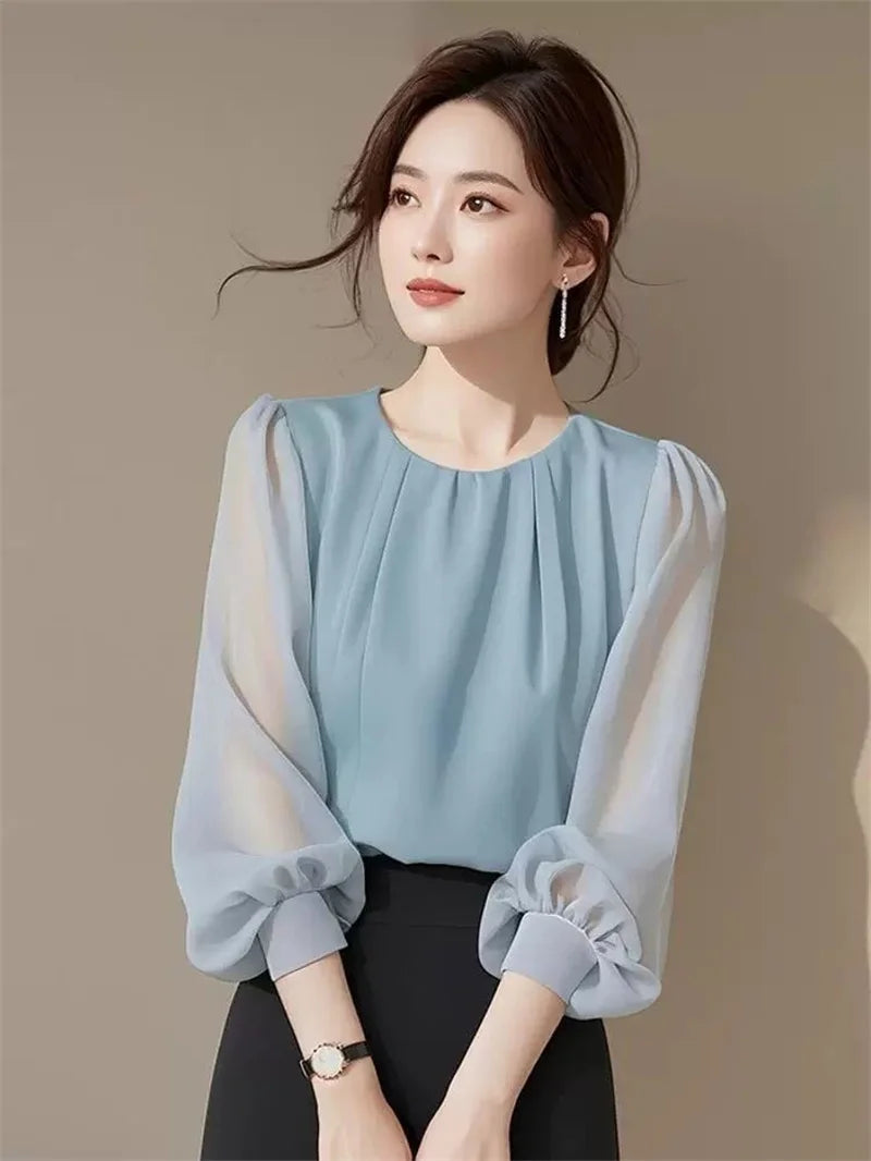 Autumn Winter Ladies Solid Color Blouse Jacket 2025 Female Long Sleeves Tops Coat Korean Women Fashion Round Neck Chiffon Shirt