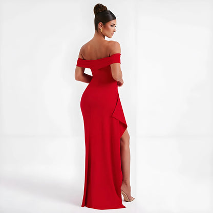 Elegant Evening Dress Pure Color Off-Shoulder Women's Sexy High Waist Side Slit Long Dress Formal Mcxi Women's Party Evening Dress