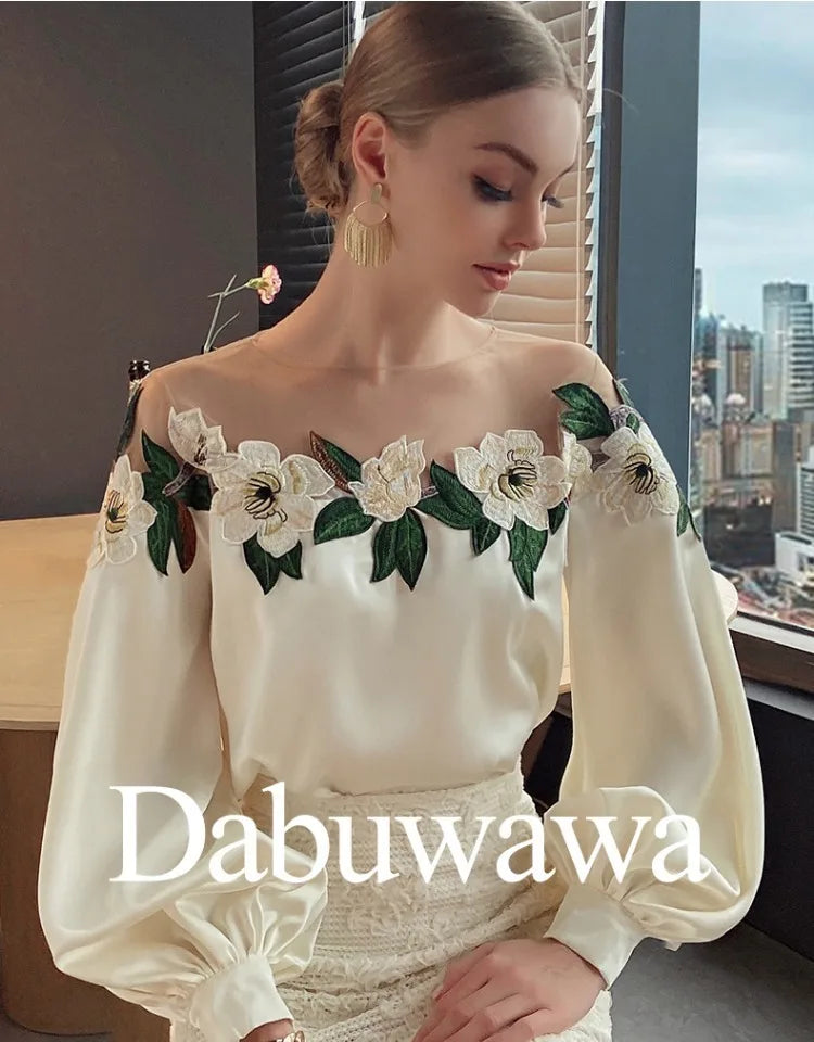 Embroidered Heavy Work Satin Patchwork irt Women's Sle Spring New Arrival Long Sve round Ne Fly Sve Lace Top