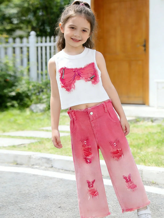Girls Summer Outfit Set – Sleeveless Bow Top & Gradient Ripped Denim Wide Leg Pants, Fashionable Kids Casual Wear