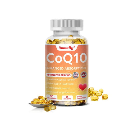 120pcs Q10 Coenzyme 450mg Capsules Cardiovascular and Heart Health Energy Vitamins Beauty and Health, Promote Blood Circulation