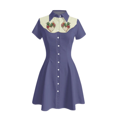 Women's Western Shirt Dress with Music Notes and Dolphin Print Cowboy Collar Button Up Pure Cotton Midi Dress Casual Boho Style