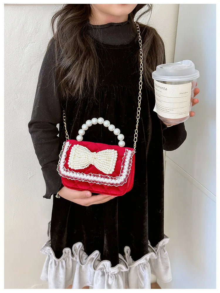 Sweet Bow Children's Small Square Shoulder Bag Sequin Lace Princess Girls Crossbody Bags Pearl Handle Coin Purse Handbags Gifts