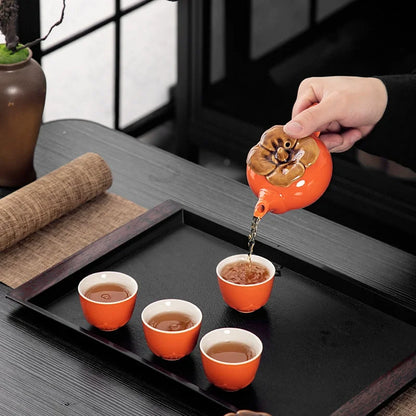 Chinese Travel Kung Fu Ceramic Tea Set 1 Teapot 4 Teacups Tea Ceremony Portable Persimmon Shape Teapot Exquisite Gift Box