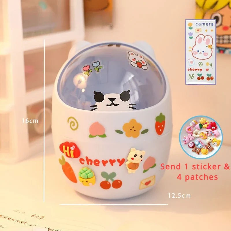 Mini Desktop Trash Can Organizer Cute Bear Multifunction Creative Cosmetic Bucket with Lid Pen Holder Kawaii Stickers Patchers