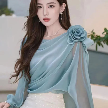 Spring Autumn New Solid Color Solid Color Long Sleeve Blouse Women High Street Casual Floral Patchwork Pullovers Elegant Tops