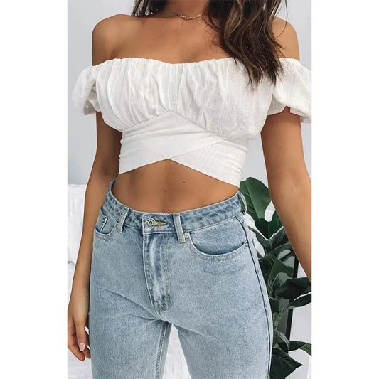 Sexy Fit Lantern ort Sved Umbilical Cord ort irt Pleated Polyester T-irt Women's Summer Faion  Color Top