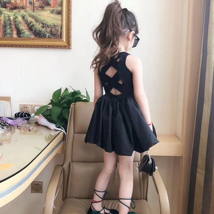 Summer Girls Elegant Goth Dresss Black Sleeveless Tutu Dress Backless Off Shoulder Party Kid Dresses 2 4 5 6 7 8 Years Old