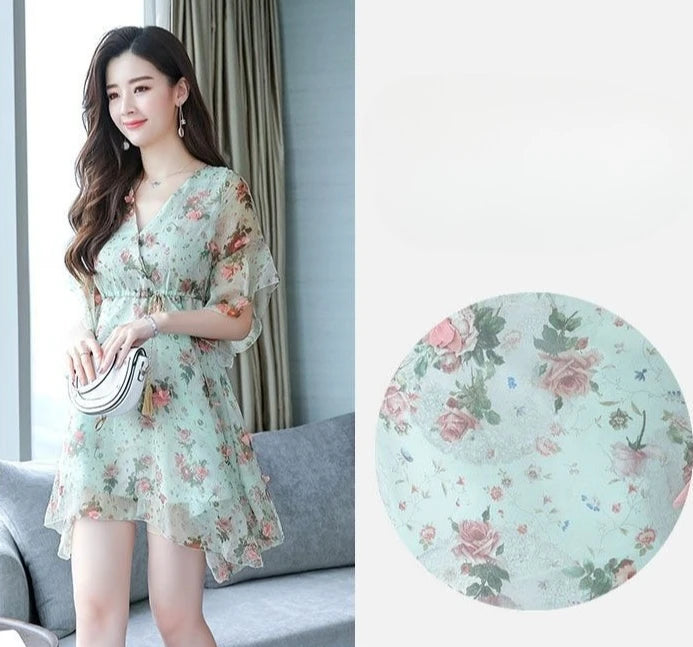 Chiffon Floral V-neck Ruffle Woman Dress Promotion Elegant and Pretty Korean Style Fashion Summer 2025 Chic Dresses for Women